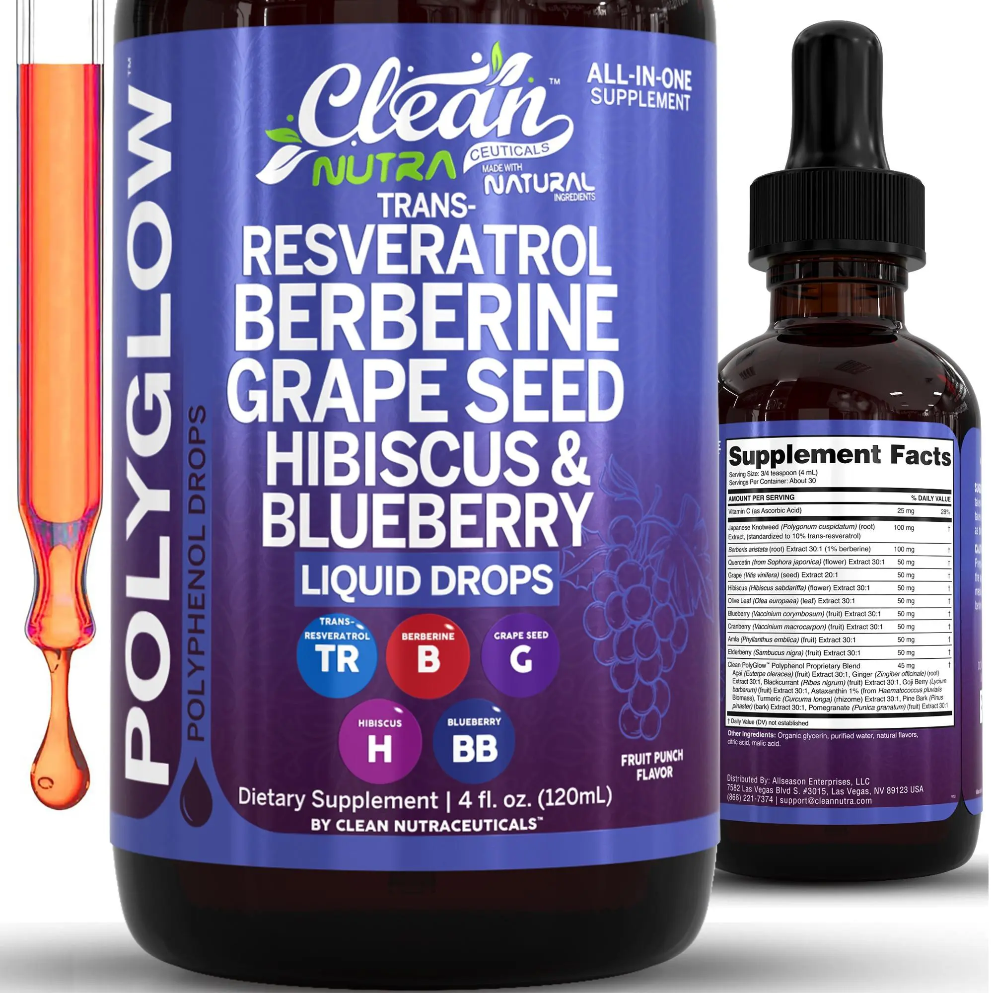 Clean Nutra Resveratrol Supplement Drops Berberine, Grape Seed, Hibiscus & Blueberry for Cellular Health & Skin Vitality - PolyGlow