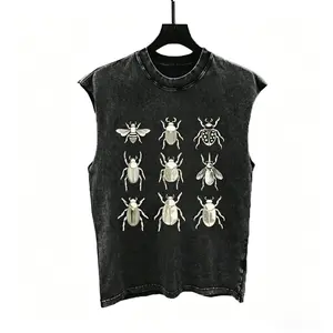 Black Sleeveless Denim Vest With Insect Pattern, Y2K Distressed Tank man's Top,  Washed Round Neck Vest For , Vintage Insect Print Gift For Y2K Aesthetic Lovers.