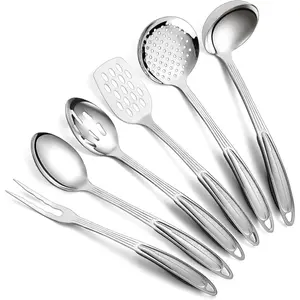 Stainless Steel Kitchen Utensils Set 6 count, Cooking Utensil Sets, Kitchen Gadgets Essentials Include Metal Spatula Set, Skimmer, Ladle, Serving Spoon, Slotted Spoon, Carving Fork