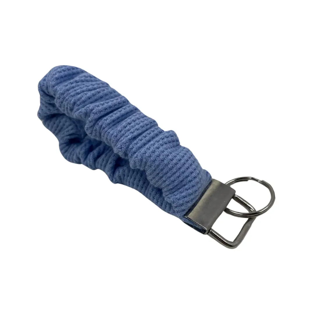 Blissfully Blue Scrunchie Keychain - 7" Handmade Wristlet for Keys, IDs, Hand Sanitizer & More, Soft Waffle Weave Stretch Fabric, Made in USA