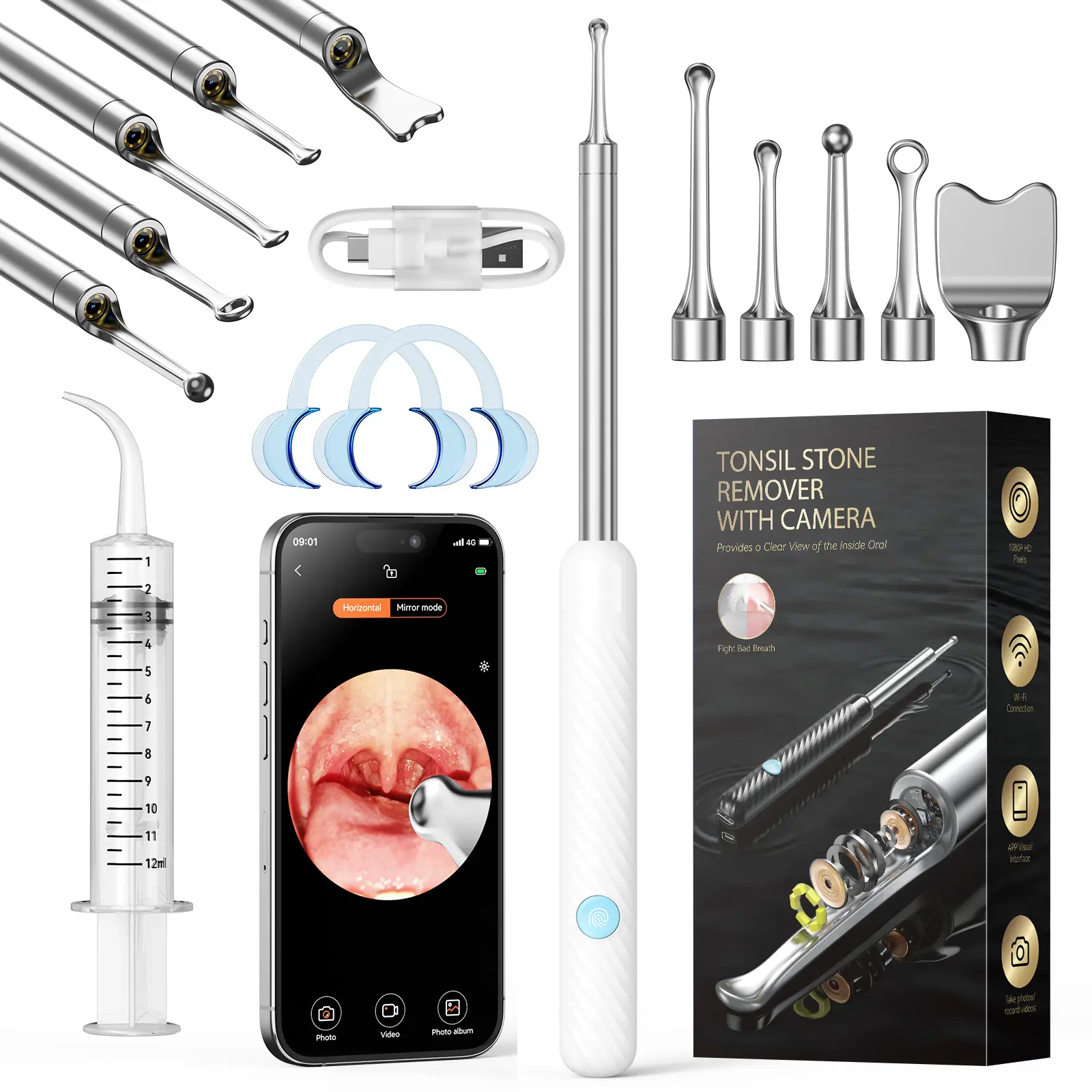 Upgraded Electronic Tonsil Stone Remover Tonsil WiFi-Connected for iOS Android Camera-Assisted 5 in 1 Tonsil Stone Remover Kit for At-Home Use with 1080P HD Visualization & 6 Adjustable LEDs - Ear Irrigation System