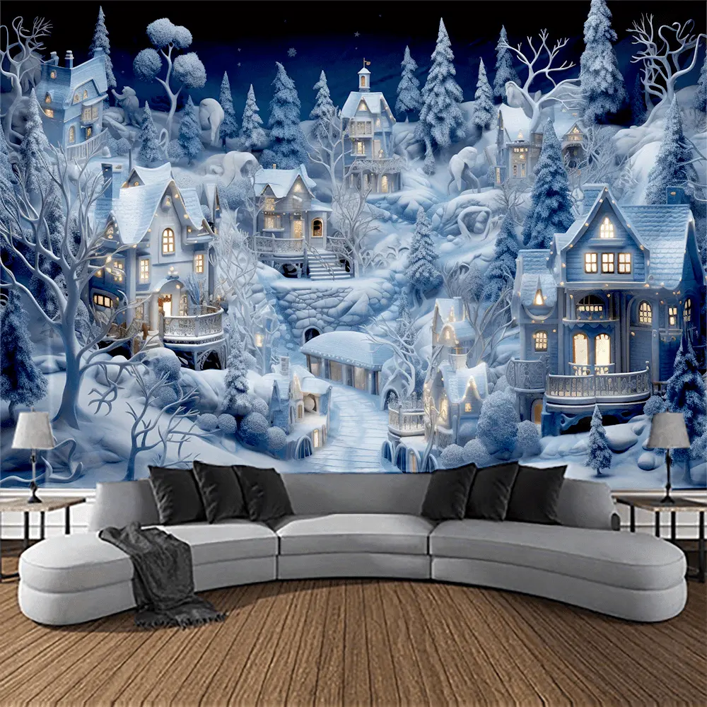 Large 3D Winter Scene Synthetic Polyester Fabric Wall Tapestry - Christmas Tree Themed Festive Home Decor, Indoor Cozy Living Room Room Decor Backdrop, Holiday Celebration Wall Art for People, All Seasons