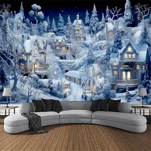 Winter Wonderland 3D Wall Tapestry, Cozy Snow Scene Holiday Backdrop, Transform Your Living Room with Festive Aesthetic for Christmas & New Year Decor