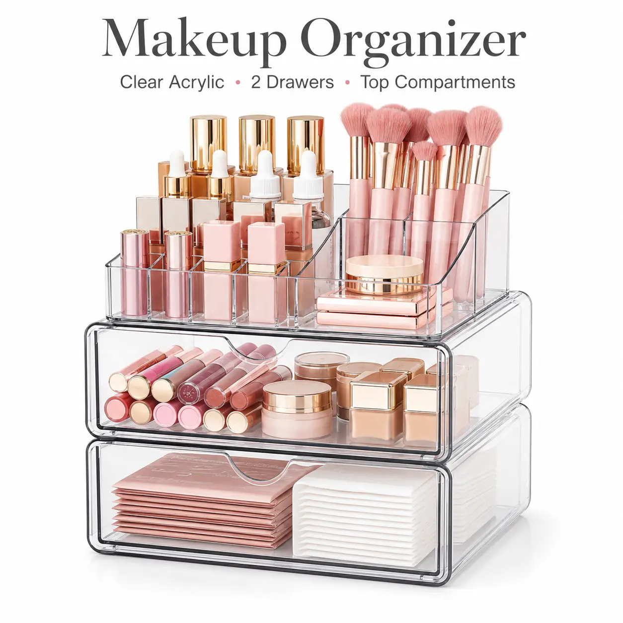 3 Tier Clear Makeup Organizer with 2 Drawers, Acrylic Cosmetic Storage for Vanity, Dresser & Bathroom Countertop, Beauty Holder for Lipstick, Brushes, Skincare & Foundation