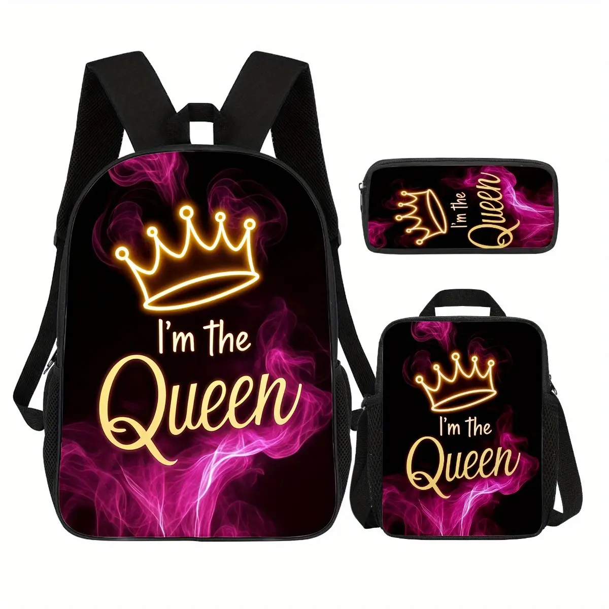 Fierce 3-Piece "I'm the Queen" Backpack Set with Neon Crown & Pink Smoke Print, Oxford Cloth Adjustable Strap School Bag + Lunch Bag + Pencil Case for Girls & Teens
