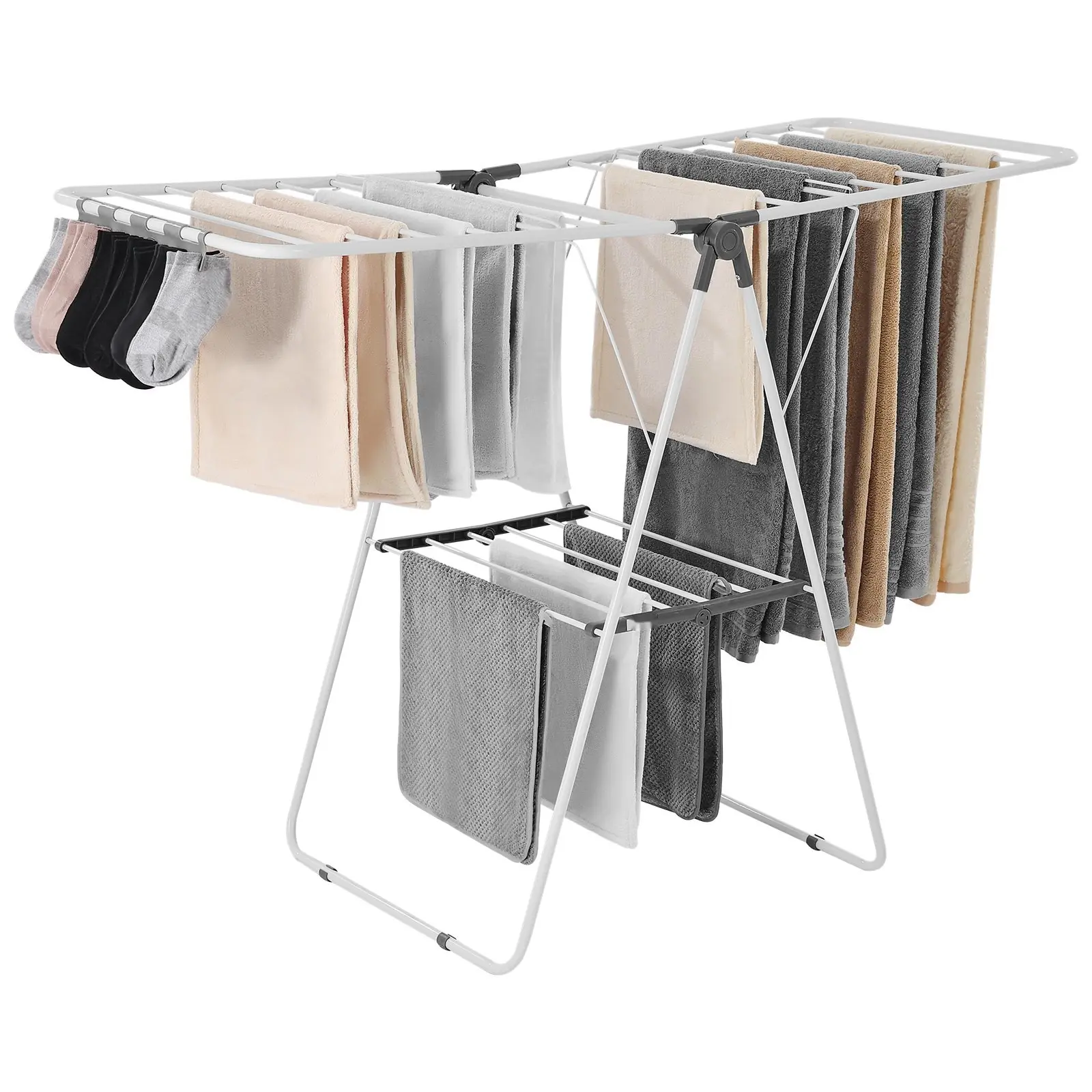 Clothes Drying Rack, 2-Tier Foldable Laundry Dryer Rack With Sock Clips And 21 Drying Rods, Metal Height Adjustable Stand For Indoor And Outdoor Use, Free-Standing Space-Saving Laundry Hanger, Durable Steel Construction, White