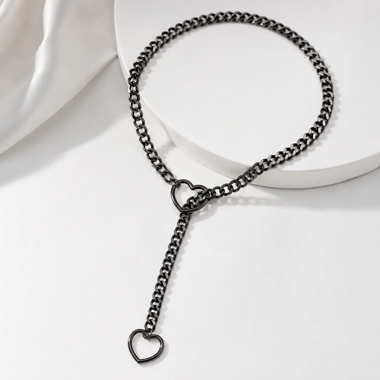 2Pcs Heart O-ring Slip Chain Necklace For Women, Handmade Punk Gothic Cuban Necklace Jewelry Adjustable Lariat Y-Necklace