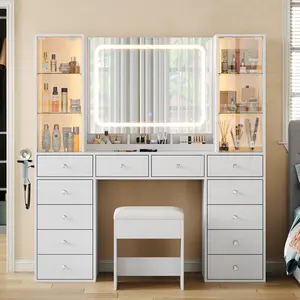 FUSOU 12 Drawers Makeup Vanity with Charging Station【Shipping By 2 Packages】Vanity Desk with LED Mirror & 2 Glass Cabinet, 3 Color Modes, Brightness Adjustable, Glass Top, Dressing Table with Chair for Bedroom (12 Drawers)