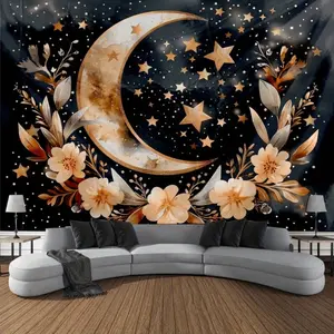 [Polyester Mandala Tapestry] Black and White Polyester Mandala Tapestry - Starry Night Celestial & Floral Wall Art, Home Decor