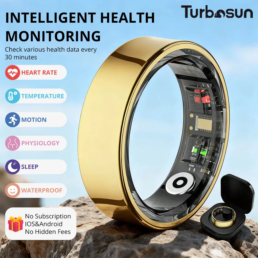 Turbosun Smart Temperature Ring, Fitness & Sleep Tracker, Heart Rate & Stress Monitor, Cycle Tracking, No Subscription Fees, 5ATM Waterproof Fitness Ring, Gift for Women, Men & Couples Digital Wireless Charger Box COLMI R09 Hitienx Smart Ring 3
