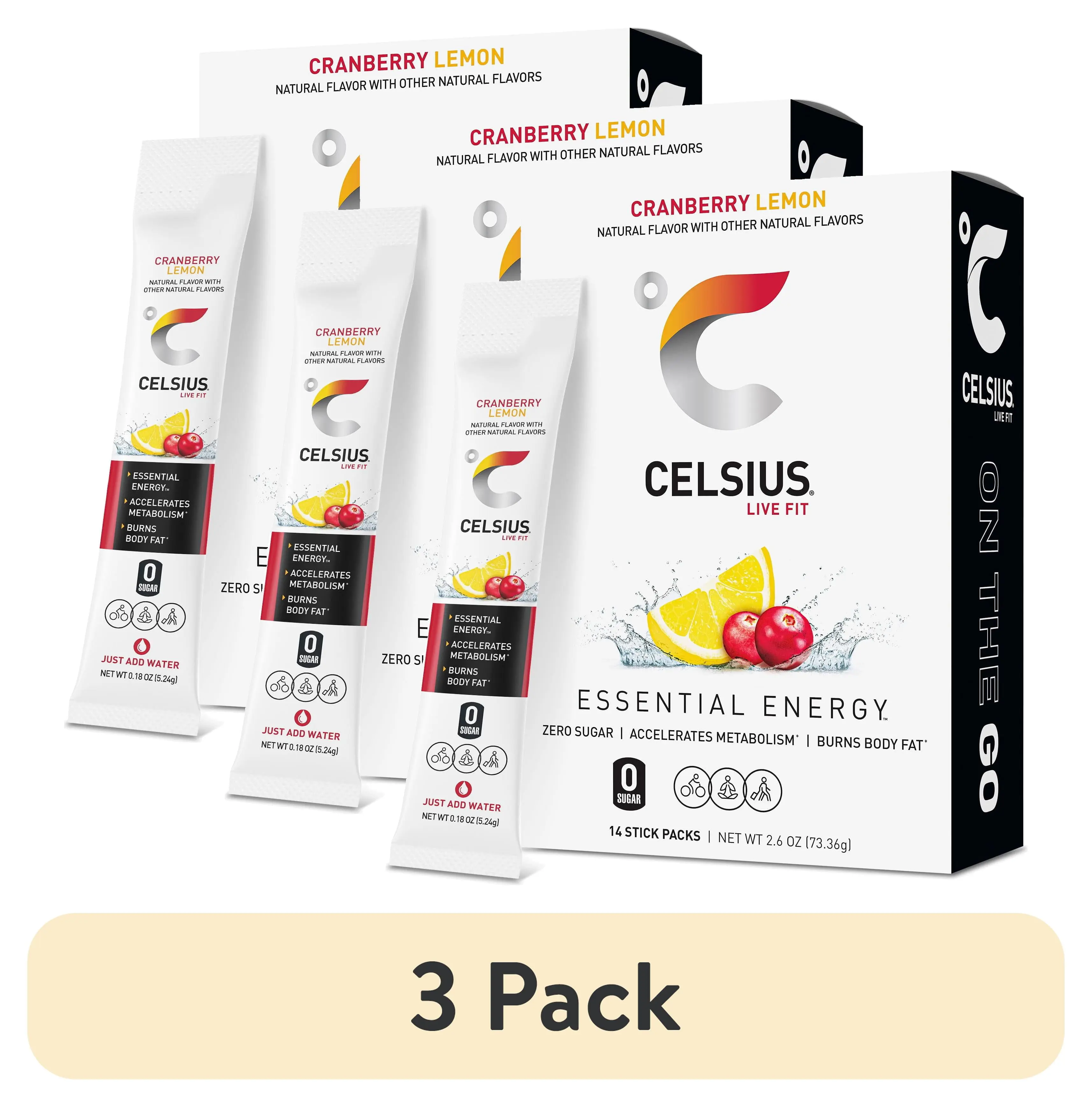 (3 pack) CELSIUS On The Go Energy Drink Mix, Cranberry Lemon (14 Stick Pack)
