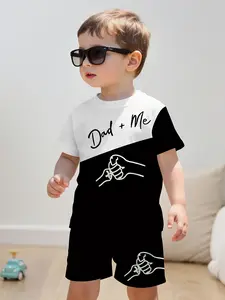 Boys' Fashion Colorblock Short Sleeve Set, Clothes Kids, Comfortable Breathable Summer, Casual Loose-Fitting Suit, All over Print, Natural Waist Shorts