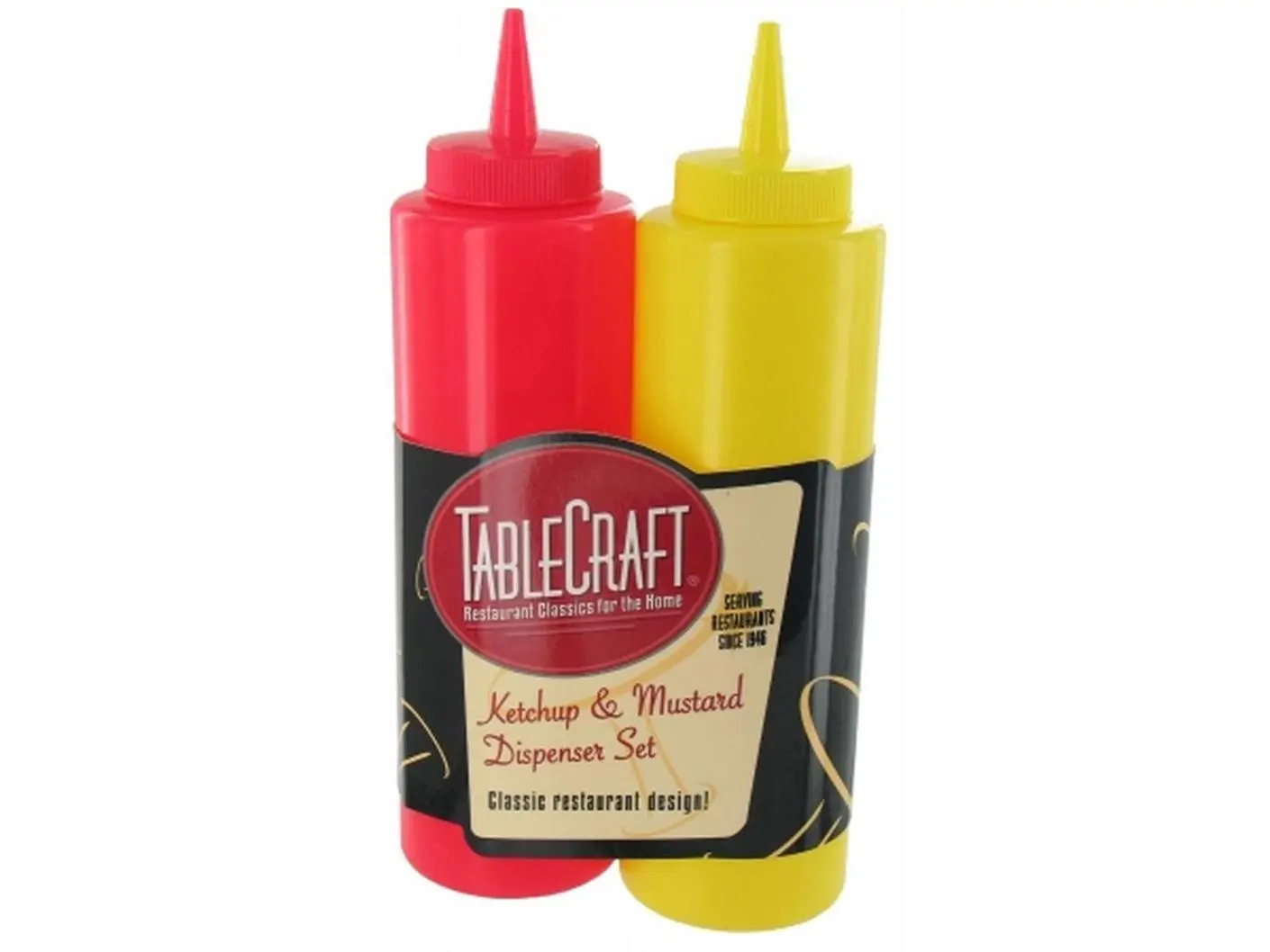 Tablecraft 112KM Reusable Classic 2-Count 12 Oz Ketchup & Mustard Bottle Set, Kitchen Seasoning Utensils for Picnic, Restaurant Use, Two Bottles, Soft Polyethylene