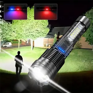 Strong Light Flashlight /Camping Gadgets 2024/Emergency Lighting White Flashlight With Red And Blue Alarm Lights/Waterproof Rechargeable Flashlight/Camping Mountaineering Fishing Garden Lighting Road Lighting Garage Lighting