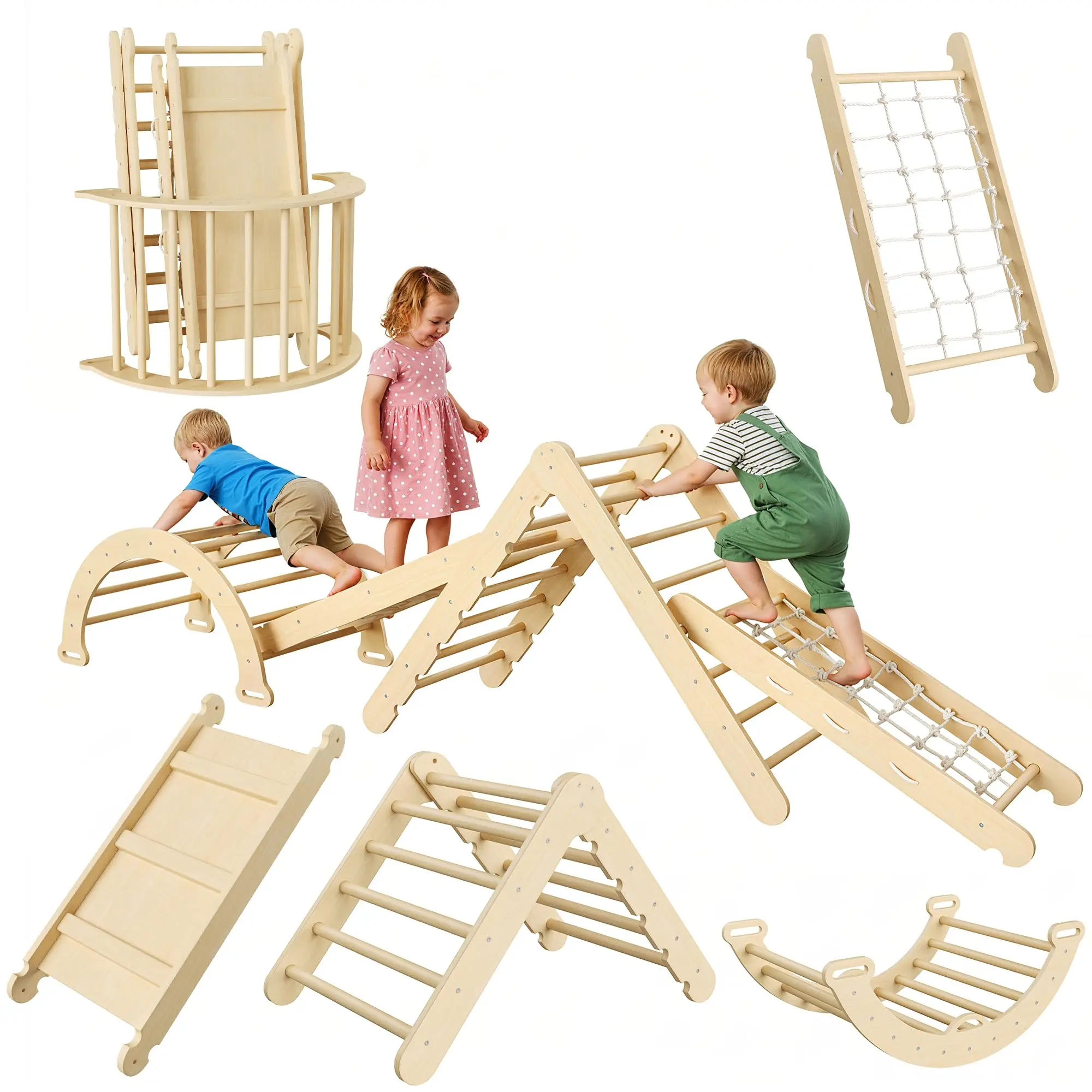 8-in-1 Foldable Wooden Pikler Triangle Set - Unisex Neutral Multiple-Feature Indoor Baby Climbing Toy with Arch, Ramp, Ladder, Easy Storage - Toddler Jungle Gym, Kids' Birthday Gift
