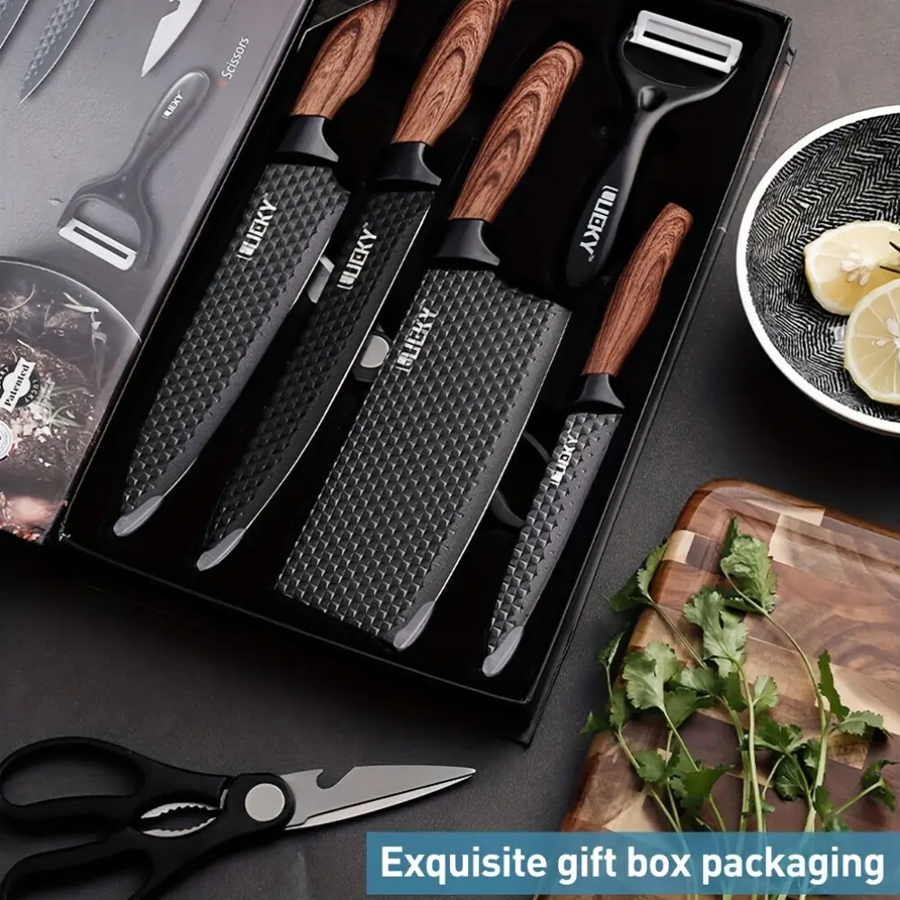 Outdoor Camping Knife Set of Six with Wooden Handle and Stainless Steel Sharp Kitchen Knife Gift Box