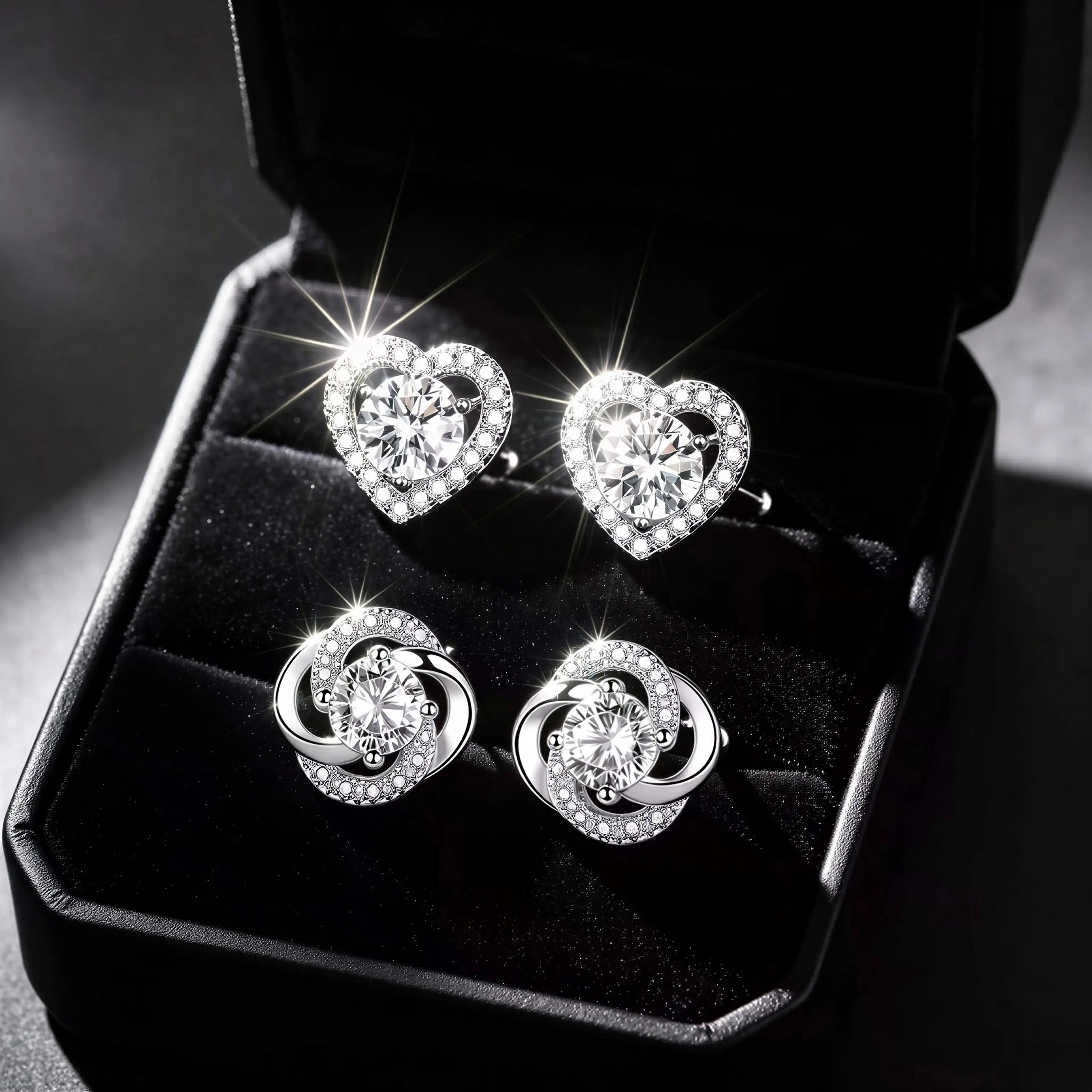 Unisex Stainless Steel 2-Piece Moissanite Earrings Set - 1 Pair Heart Shape Love Motif, 1 Pair 4-Leaf Clover Shape, Simple Look Fashion Accessory, Ideal Birthday or Valentine's Day Gift