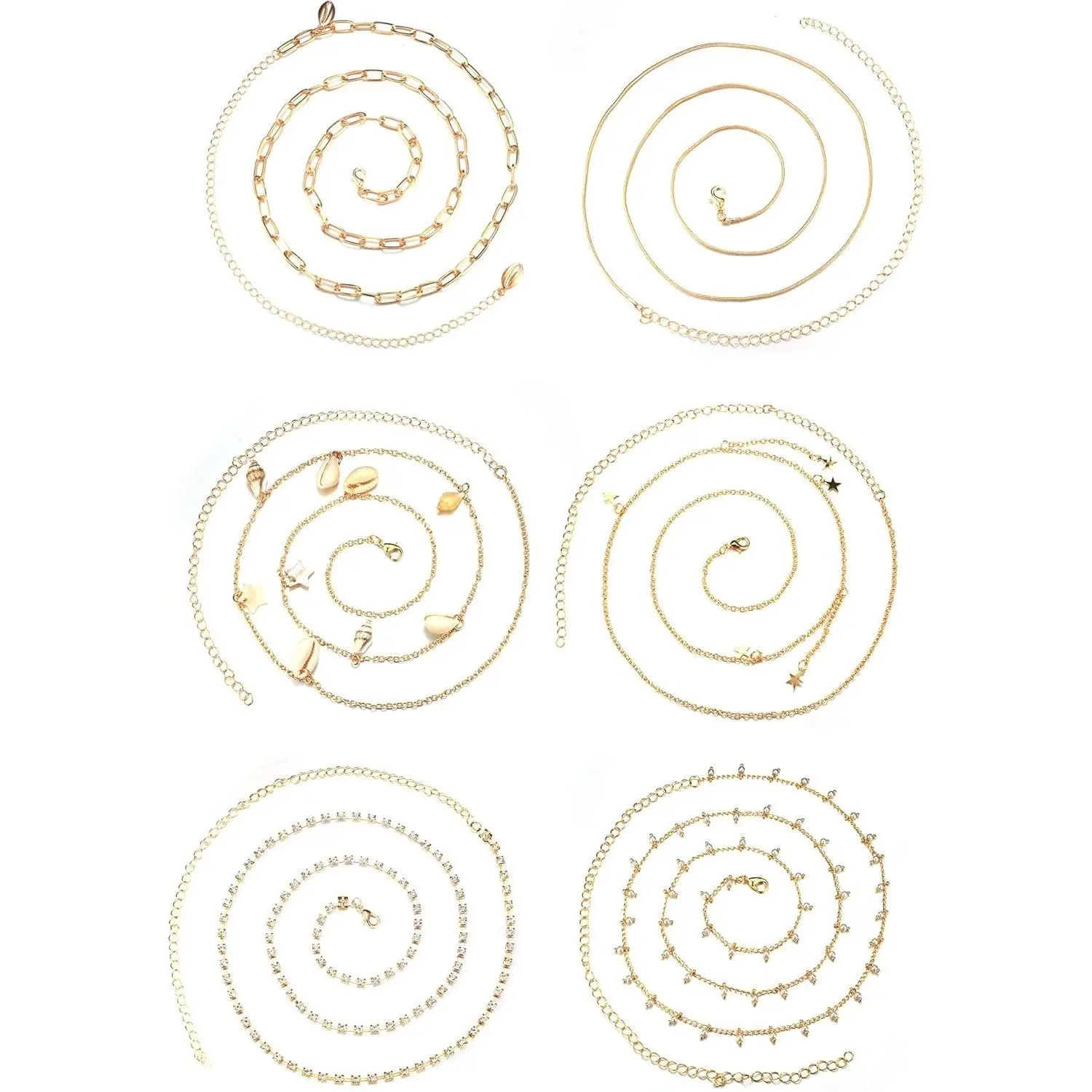 FIASASO 6Pcs Beach Bikini Waist Chain for Women Crystal Rhinestone Butterfly Belly Chains for the Waist Sexy Adjustable Waist Beads for Women Body Chain Jewelry