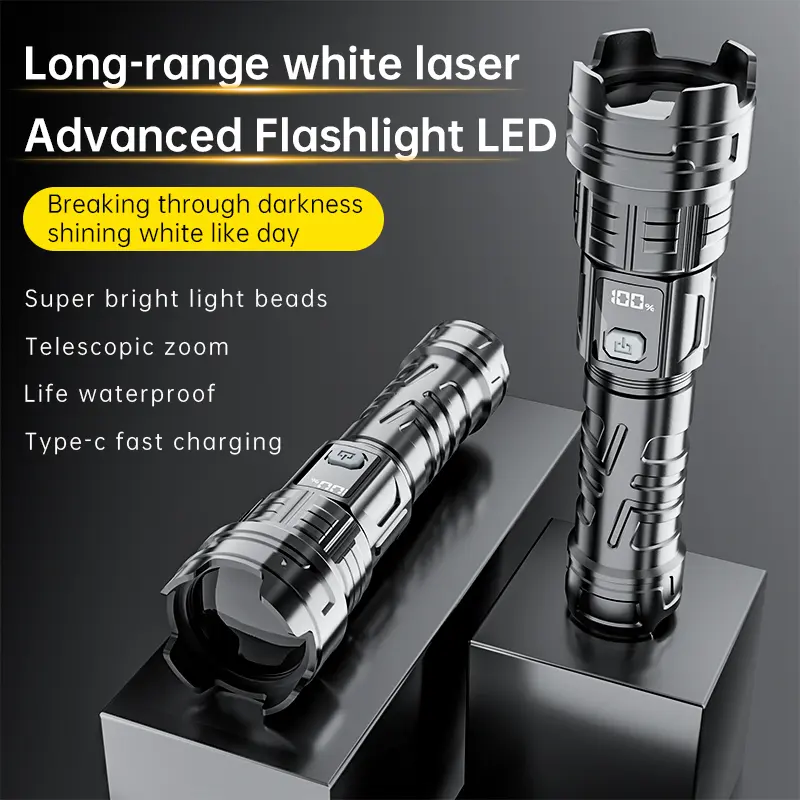 Multifunctional Lightweight LED Digital Display Flash Lights, Portable Zoomable USB Rechargeable Torch with 3 Lighting Modes, Ideal for Camping, Hiking, Home Emergencies