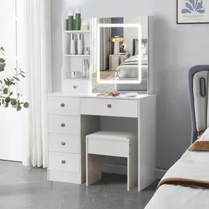 Makeup Vanity Desk Stool Set With Sliding Mirror and Dimmable LED Lights Dressing Table with 6 Drawers