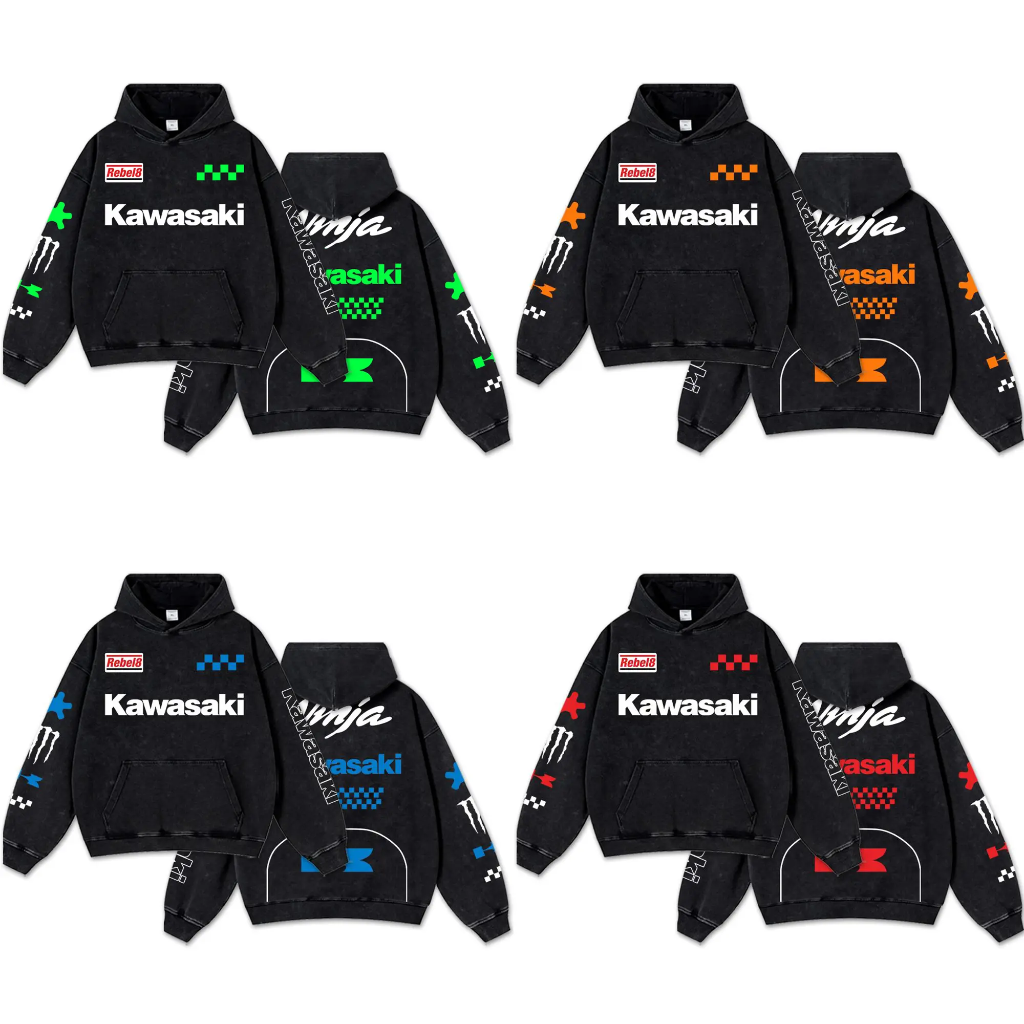 [Collections] Retro Monster Kawasaki Ninja Racing Washed Hoodie MotorGP World Champion Enthusiast Apparel Streetwear Racing Team Super Motorsports Clothing Motobike Riders Supermotor Off-Road Dirt Bike Fan Gear Cotton Riding Motorcycle Jacket For Biker