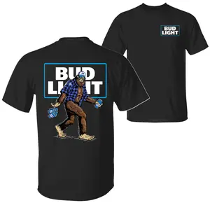 Bigfoot Bud Light T-Shirt, Sasquatch Holding Bud Beer Cans 2 Sided Graphic Printed Unisex Classic Comfort Cotton T-Shirt
