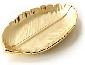 Golden Leaf Ceramic Jewelry Dish – Small Ring, Necklace & Bracelet Holder Tray Organizer, Decorative Trinket Dish for Women, Girls & Wedding Party