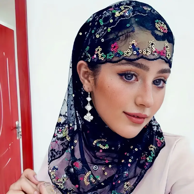 Elegant Lace Embroidered Hijab - Toggle Closure, 50% Polyester Blend, Hand Washable, Non-Stretch, Sun Protective Religious Headscarf (Turban Hat Style) - Elegant, Embellished, Lace, Modern Head Scarves for Ramadan - Black, Golden, Sky Blue, Elegant Head S
