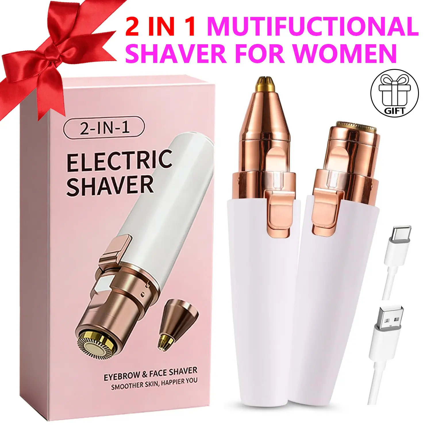 Rechargeable 2-in-1 Eyebrow Trimmer & Painless Hair Remover, Smoothing Body Shaver for Women with Fast Charging for Face & Bikini, Cordless Body Shaver, Hybrid, 2 Heads, On-The-Go Touch-Ups