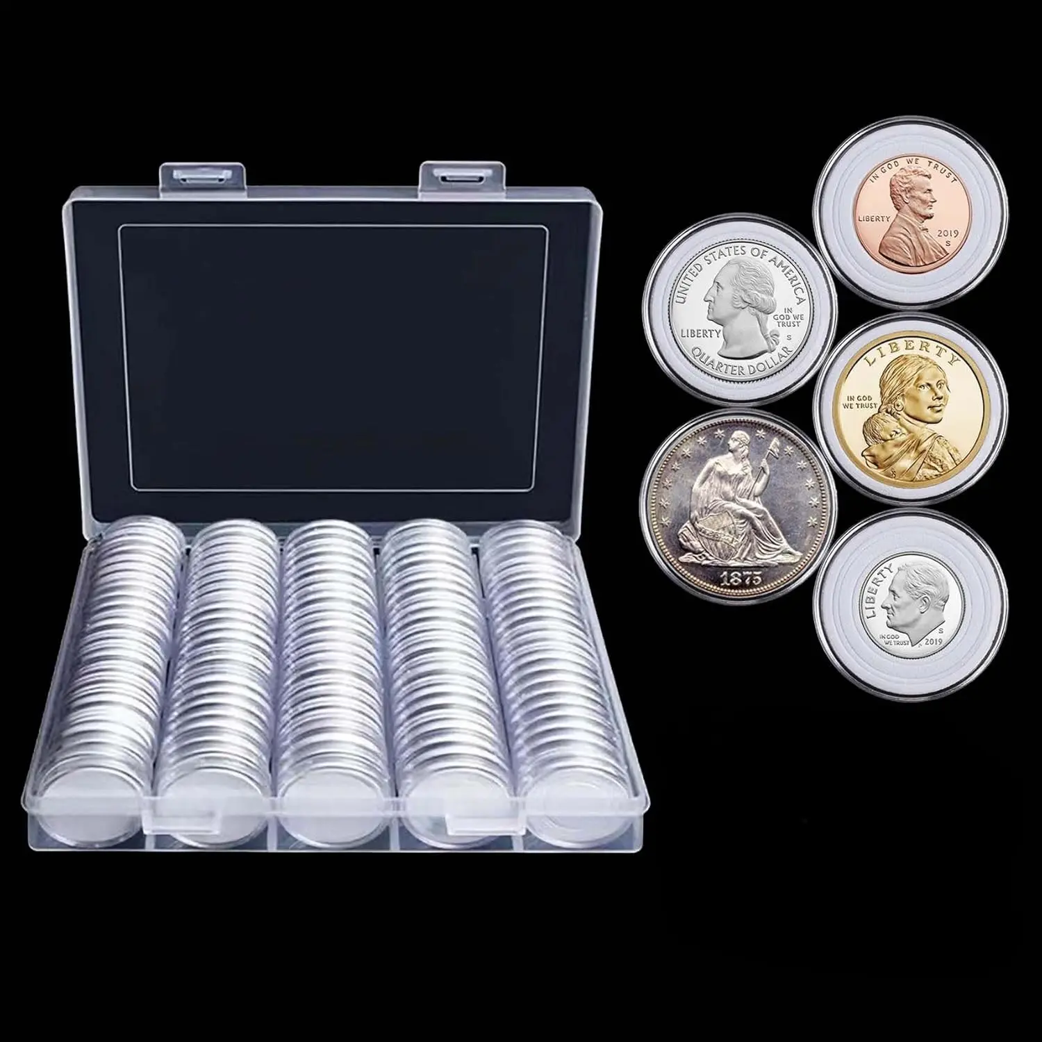 100 Pieces 30mm Coin Capsules Coin Holders for Collectors, with Foam Gasket and Plastic Storage Organizer Box, 5 Sizes (17/20/25/27/30mm) Coin Case for Coin Collection Supplies