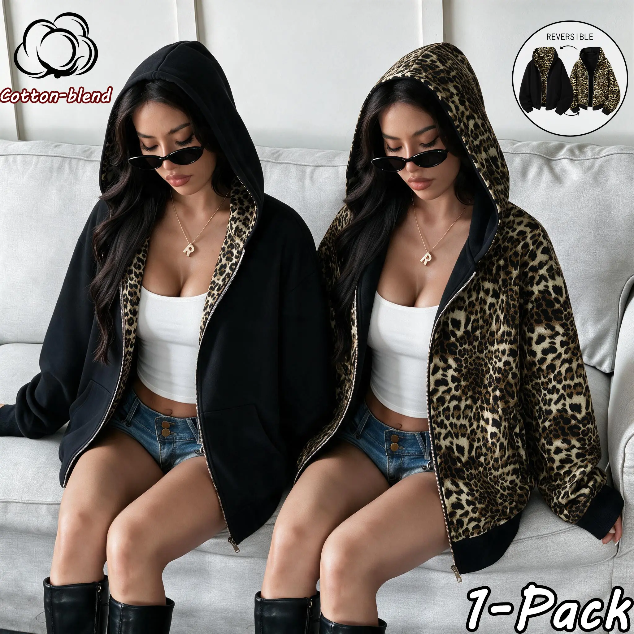 Women's Leopard-Print Reversible Cotton-Blend Hooded Sweatshirt Jacket - Casual Wear for Spring/Autumn, Outdoor Sports