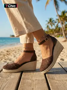 Women's Crochet Lace Woven Wedge Sandals, Fashion Breathable Knit Upper, Adjustable Ankle Strap, Comfortable Thick Sole, Summer Beach Vacation