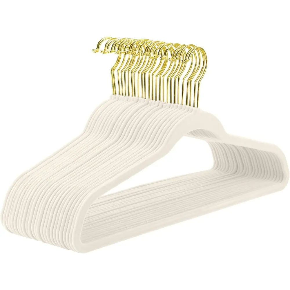 60 Pack Ivory Velvet & Premium Gold Non-Slip Felt Hangers, Sturdy Heavy-Duty Plastic Hangers for Clothes, Coat, Space-Saving Home Organiser, No Flocked Marks
