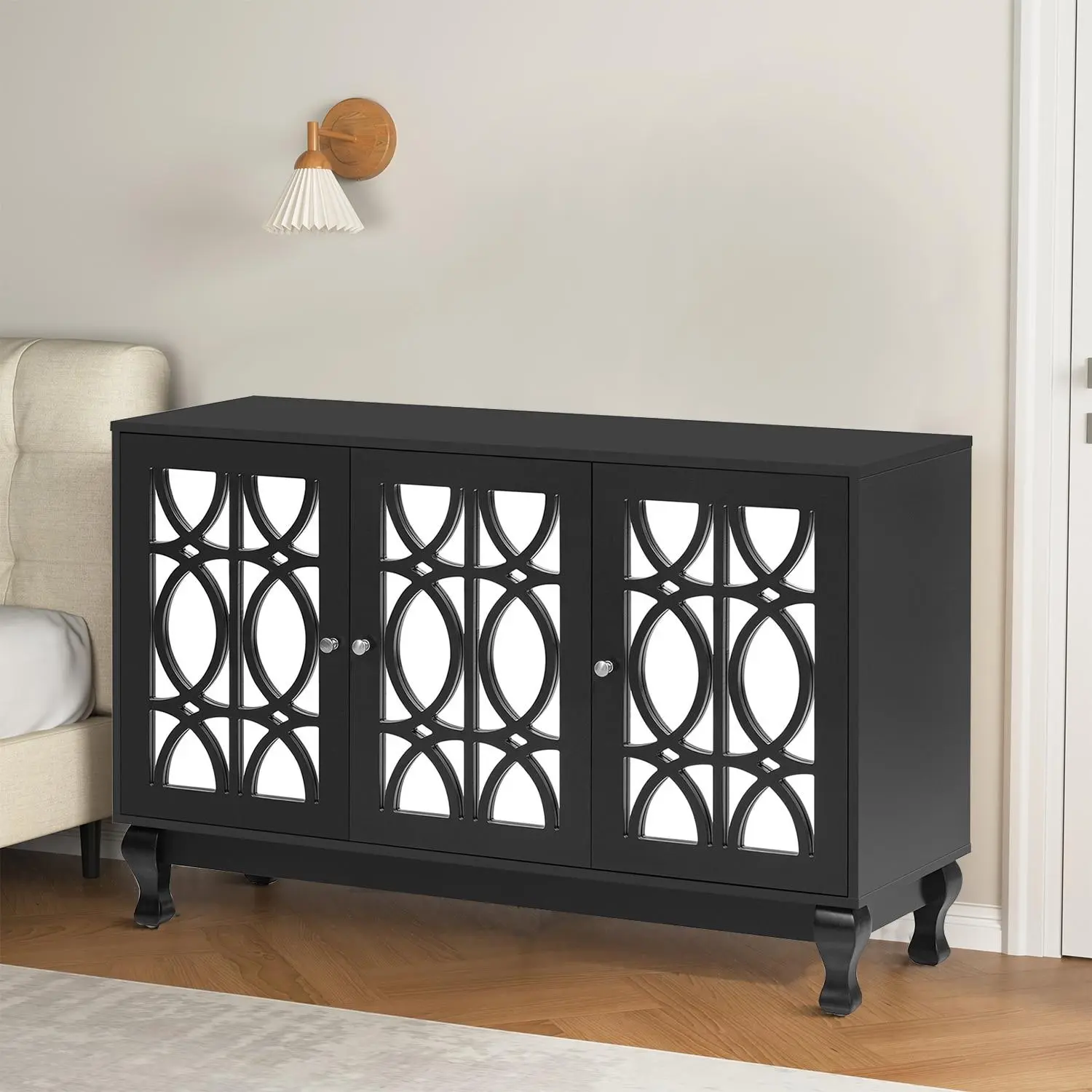 Modern Minimalist Wooden Sideboard with Three Mirrored Cabinet Doors