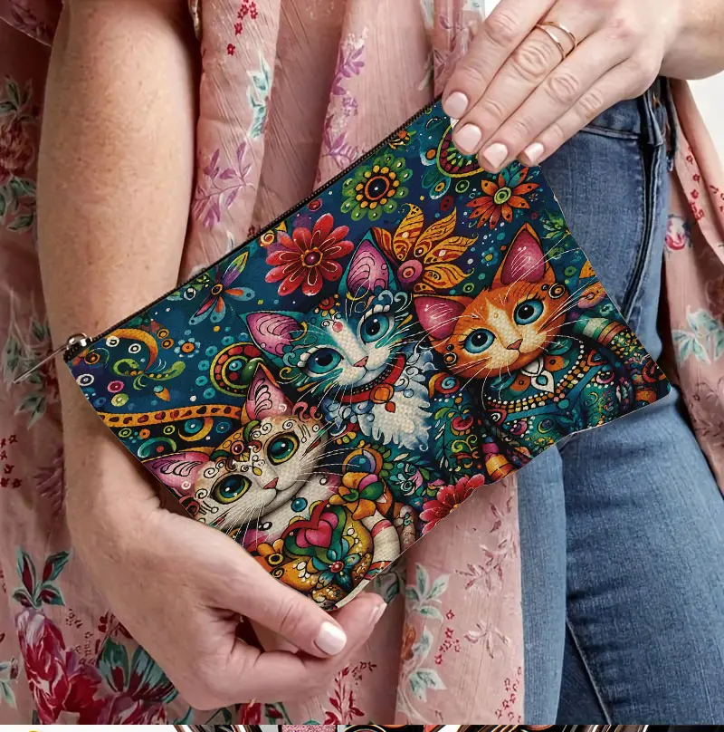 Colorful Boho Folk Art Decorative Cats Floral Makeup Pouch Portable Zipper Cosmetic Bag Gift For Cat Lover Best Friend Birthday