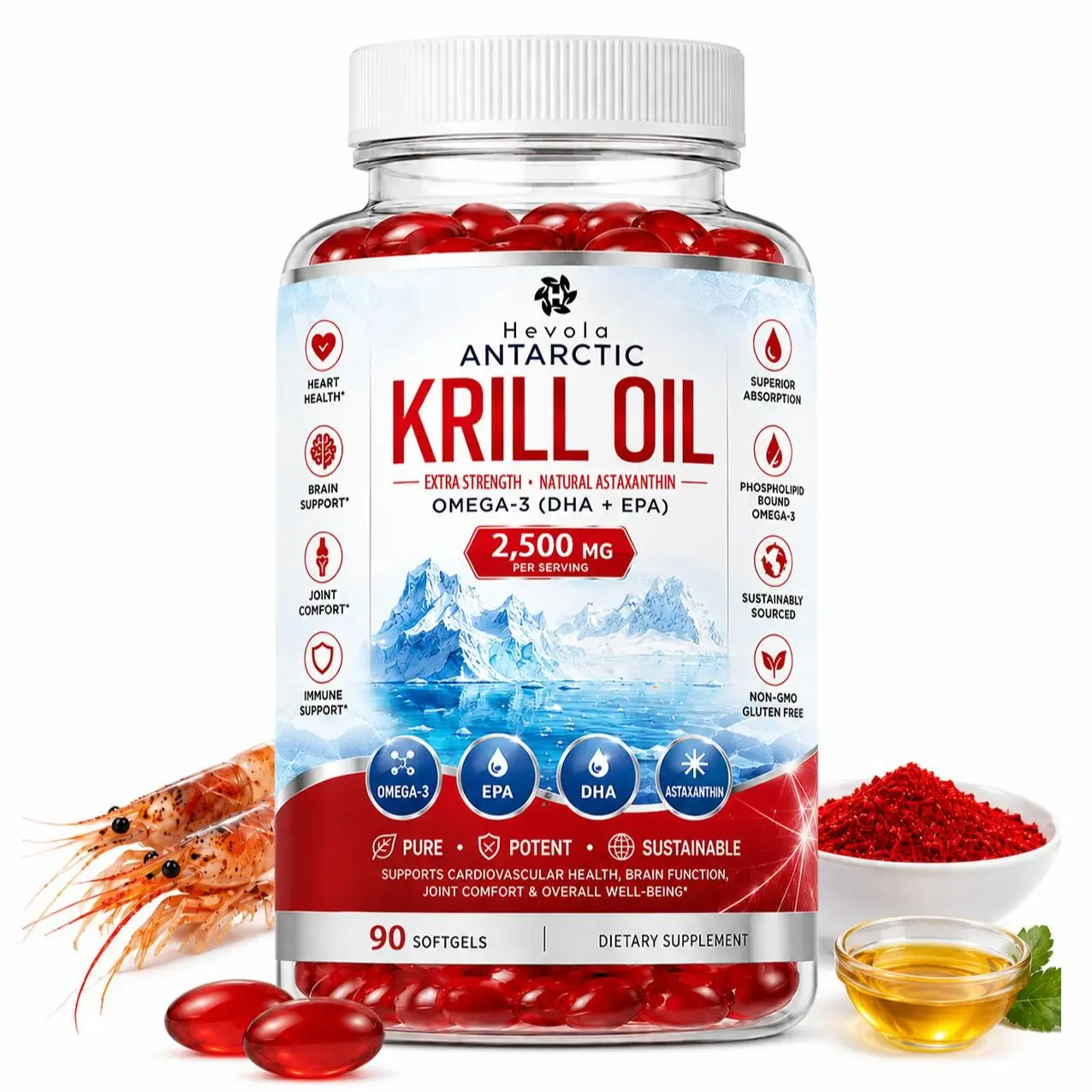 Antarctic Krill Oil Supplement, 2500 mg per serving, 90 softgels | Contains Omega-3 (EPA and DHA), phospholipids, and natural astaxanthin | No fishy aftertaste | Non-GMO, gluten-free