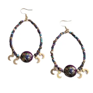 Aura Hematite Hoop Earrings 3” | Celestial Moon Charm Earrings | Handmade Boho Statement Jewelry