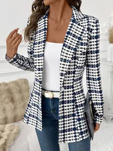 Elegant Commuting Women's Jacket Plaid Slim Fit Blazer Houndstooth Long Sleeve Top