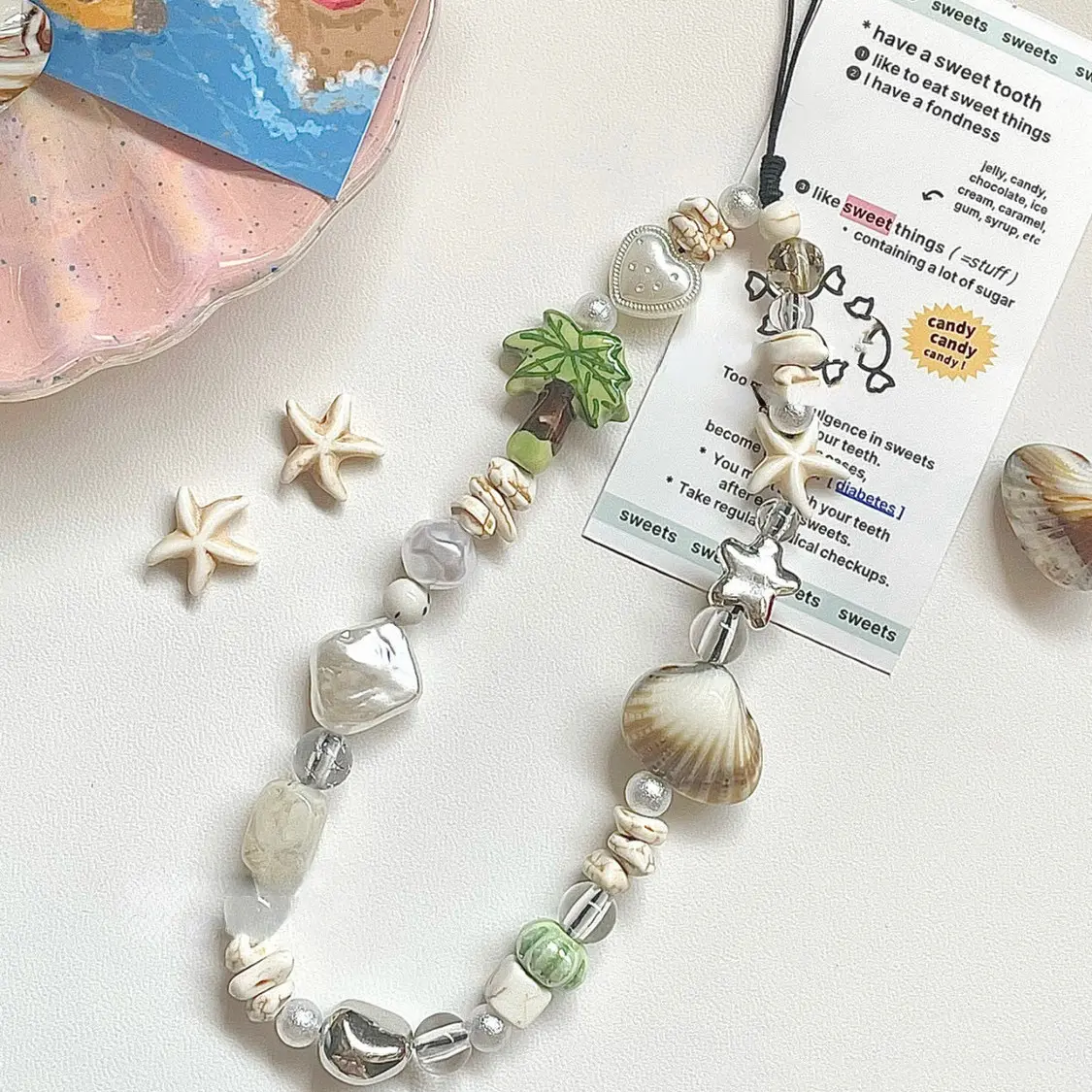 Ins Style Summer Coconut Shell Phone Chain Charm Handmade Beaded CCD Camera Wrist Strap Girl Woman Keychain Lanyard Cute Pendant