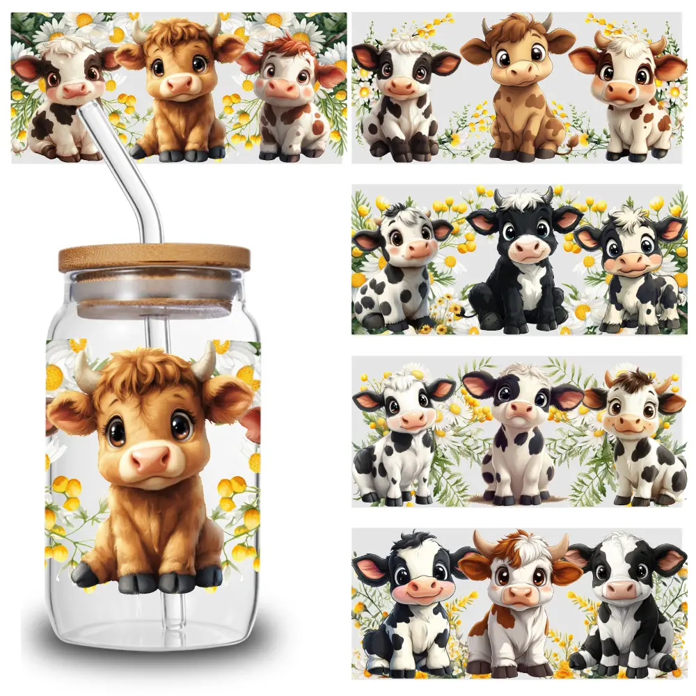 5 Sheets Cow Pattern UV DTF Stickers Inspiring Words Decoration Design Suitable for 16 oz Glass Transfer Sticker Decal Motivational Mug Wrap