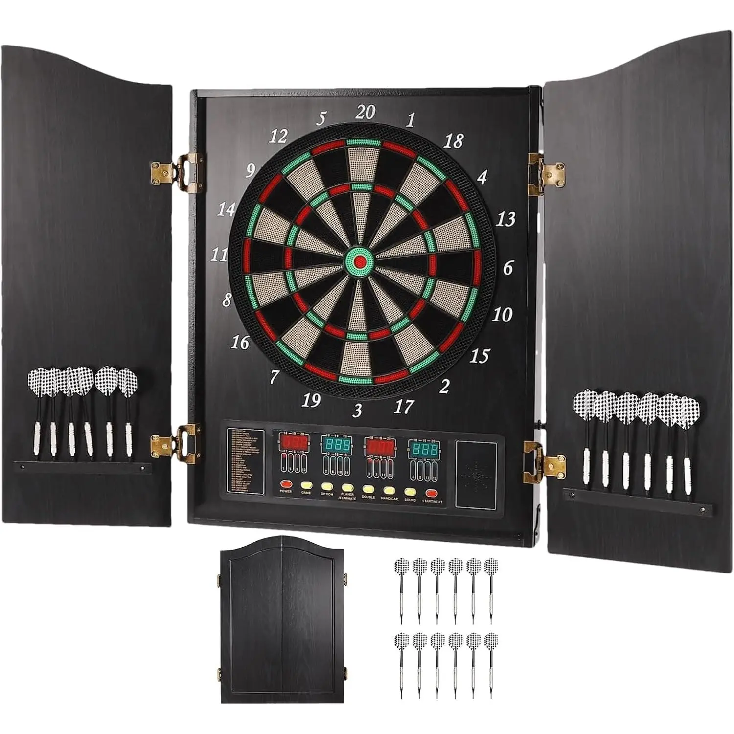 Pro Electronic Dartboard Cabinet Set with LED Digital Scoreboard, 1* Electronic Dart Machine, 27+ Games & 243 Variations, Built-in MDF Cabinet, 12 Soft Tip Darts, 88 Tips, 16-Player Scoring, ABS-PP Push Button for Adult Party Bar Use, Modern, 50*69Cm, 16