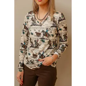 Women's Western Pattern Long Sleeve Top, Casual Day Workwear Shirt in Butter-Soft and Smooth Stretch Fabric, Longsleeves