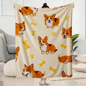Cute Corgi Dog Pattern Flannel Fleece Blanket Soft Cozy Throw for Living Room Bedroom Use Warm Comfortable Pet Lover Gift Idea Perfect for Christmas Holiday Birthday Housewarming Present for Men Women Family and Frien