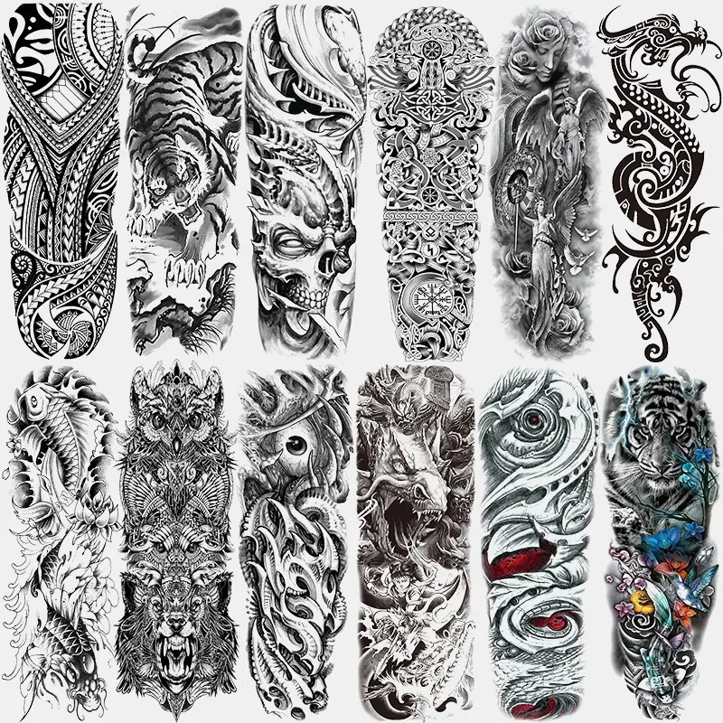12 Sheets Full Arm Temporary Tattoos, Ephemeral Tattoos, Tattoo Stickers, Aesthetic Tattoo Merch, Realistic Devil Fake Tattoo, Totem Tiger Dragon Koi Evil Eye Design, Waterproof Long-Lasting Body Art