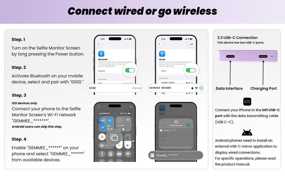 GemMee G100 4K Magnetic Vlog Monitor 3.97 Inch HD Screen 3000mAh Battery portable monitor iPhone Android Smartphone Selfie Recording Display for Vloggers Phone Accessories Magnetic Phone Vlog Selfie Monitor Screen filmmaking gear vlogging accessories