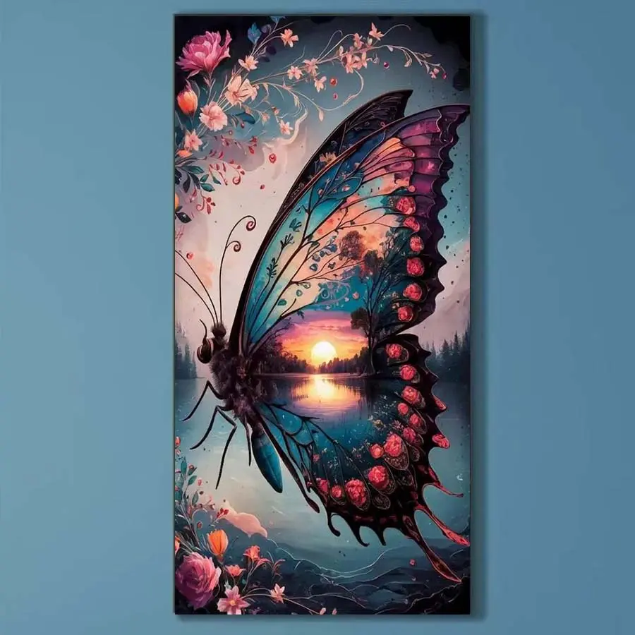 5D DIY full drill round diamond painting - diamond painting kit Handicraft butterfly sunset mosaic canvas DIY wall art, home wall decoration, suitable for Halloween, Christmas, birthday, and anniversary gifts.