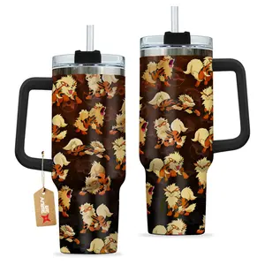 STORMMECH Arcanine PKM 40oz Handle Tumbler - Stainless Steel Leak-Proof Vacuum Insulated Beverage Bottle, Washable Portable Anime Theme Mug with Lid, Otaku Gift, Leak-Proof Insulated Mugs
