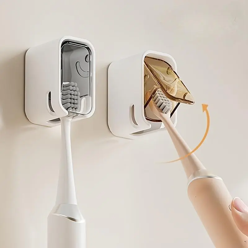 Wall-Mounted Toothbrush Holder, Bathroom No-Drill Toothbrush Storage Rack with Cover, Toothbrush Organizer, Suitable for 4 Seasons