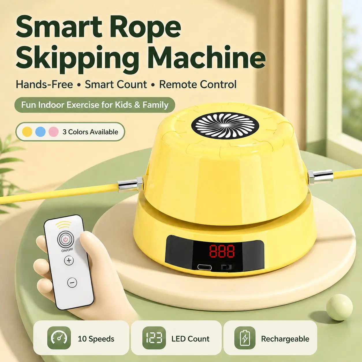 Smart Automatic Rope Skipping Machine, Electric Jump Rope Trainer, Training Equipment with Remote Control, LED Counter, 10 Speed Levels, USB-C Rechargeable Hands-Free Indoor Exercise Game for Family Fitness & Active Play