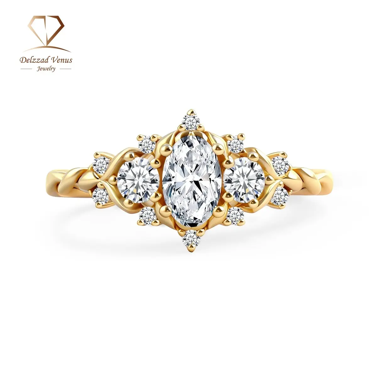 DELZZAD 0.7ct Vintage Moissanite Cluster Ring, Exquisite VVS Oval Cut Engagement Band for Women in Golden Copper, Bridal Anniversary Gift, Engagement Bridal Ring, Exquisite Trendy Ring